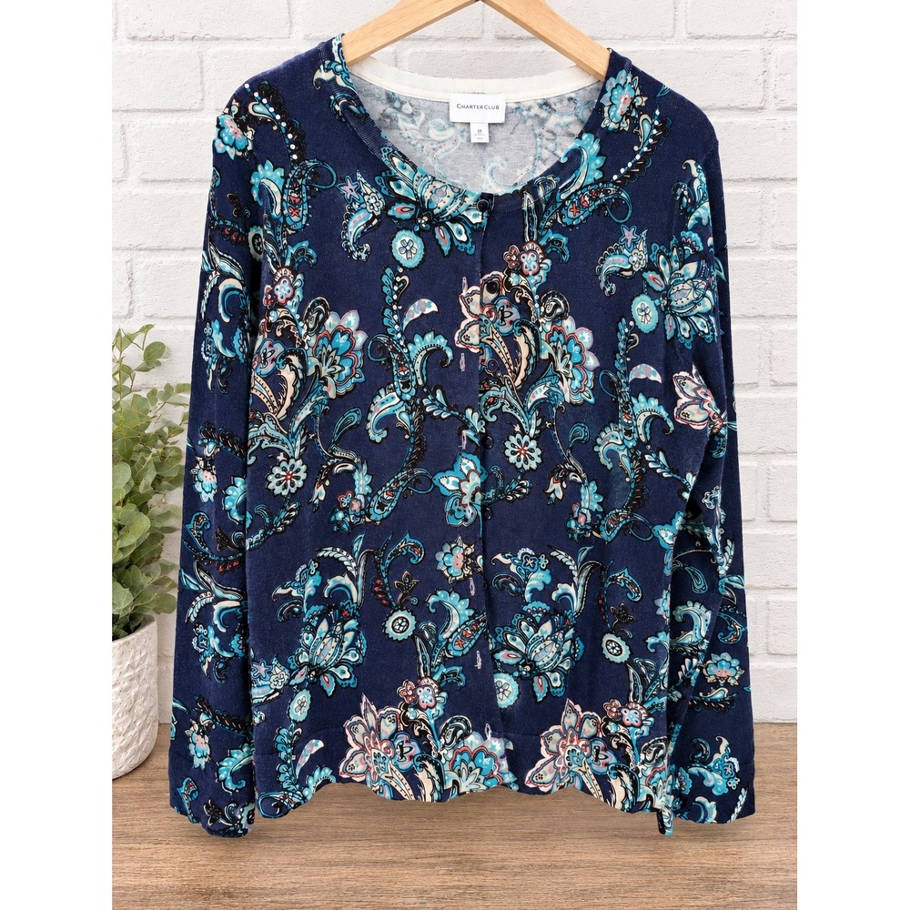Charter Club Cardigan Sweater Womens L Navy Blue Paisley Rhinestone Embellished